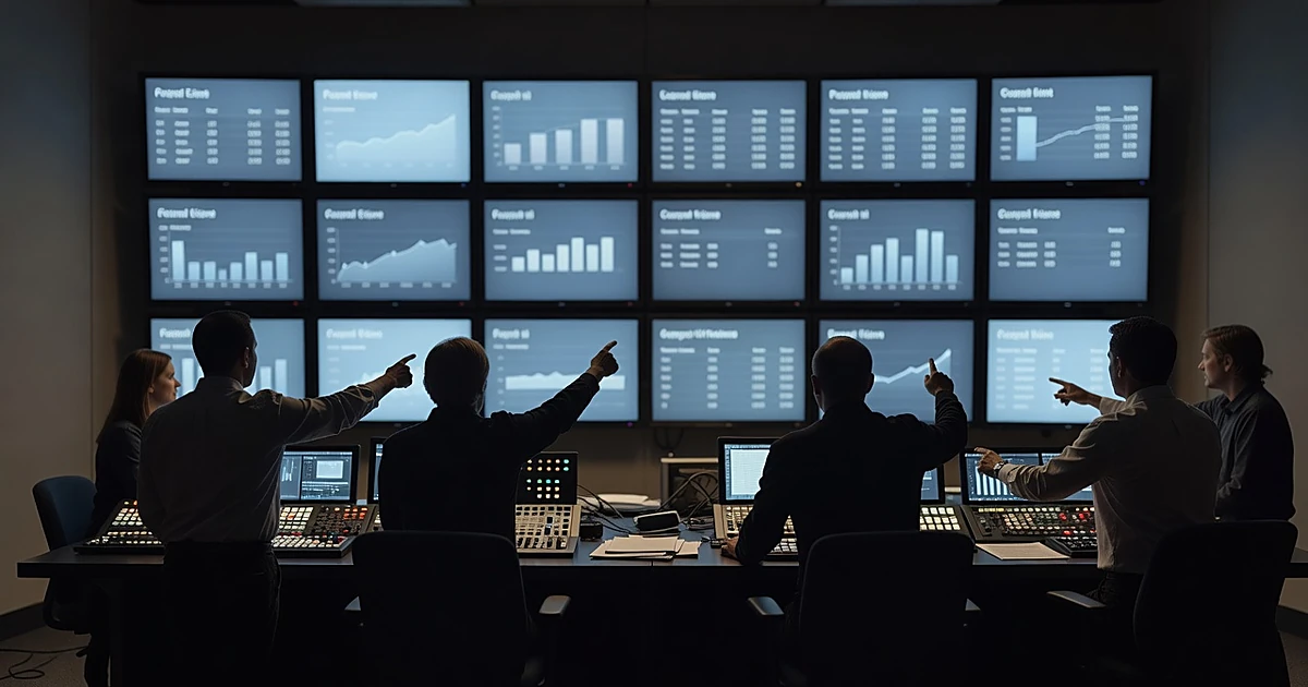 Television broadcast control room with silhouetted crew monitoring glowing primetime programming screens