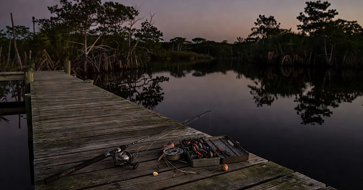 Abandoned fishing equipment on wooden dock at dusk beside dark pond water with wetland vegetation in background