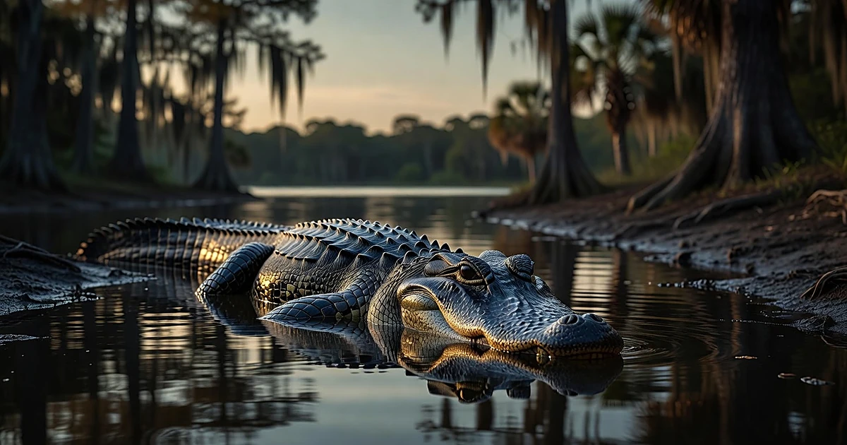 Large alligator partially submerged in dark lake water at dusk with blurred Florida shoreline behind