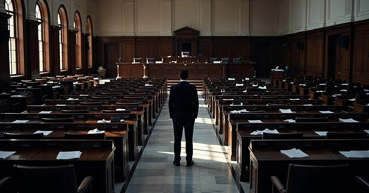 Silhouetted figure stands in empty Texas legislative chamber with scattered papers on desks