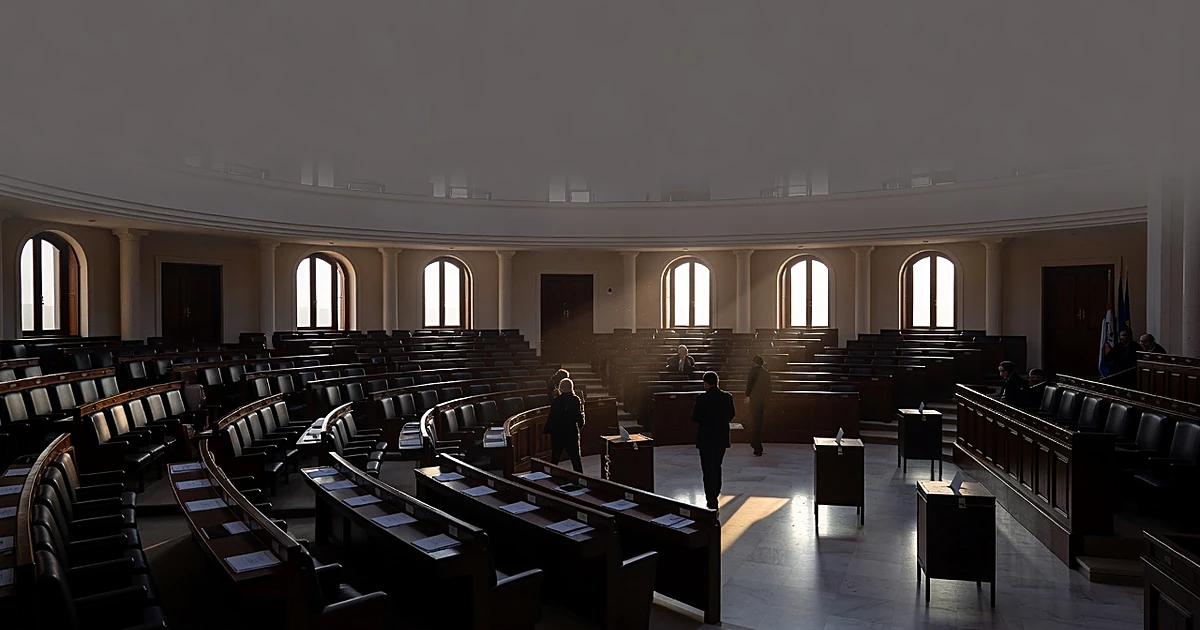 Empty Israeli parliamentary chamber with ballot boxes and silhouetted election workers during national vote