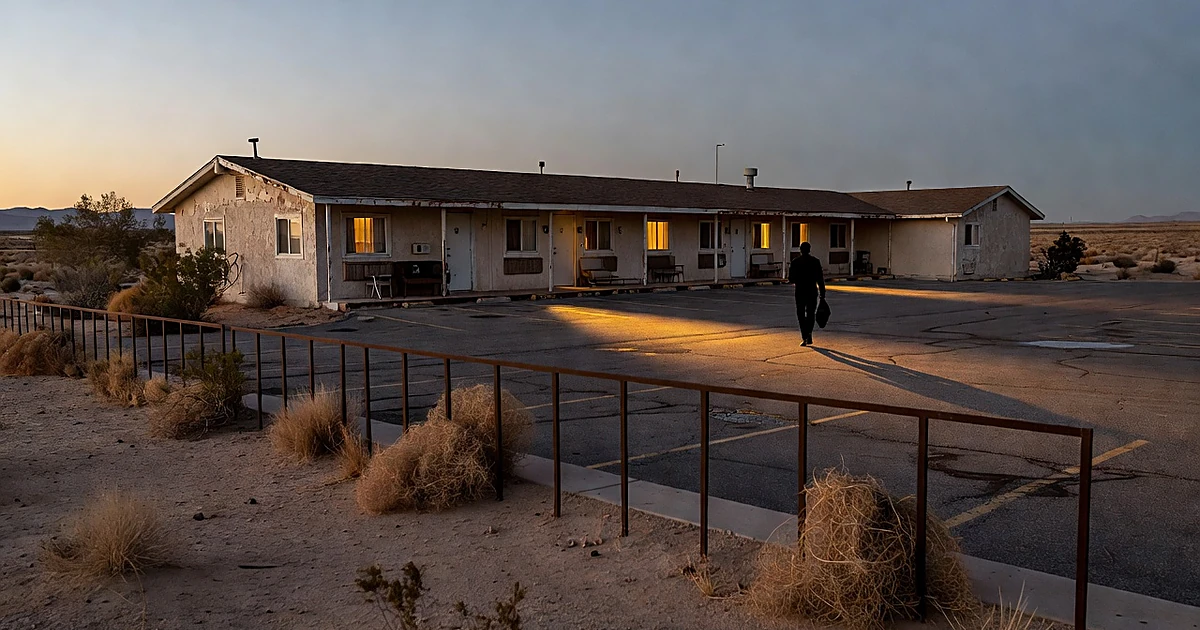Desert motel at dusk with cemetery fence in foreground along empty Nevada highway