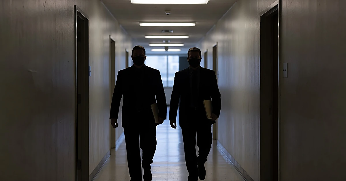 FBI agents walking through federal office corridor carrying investigation materials