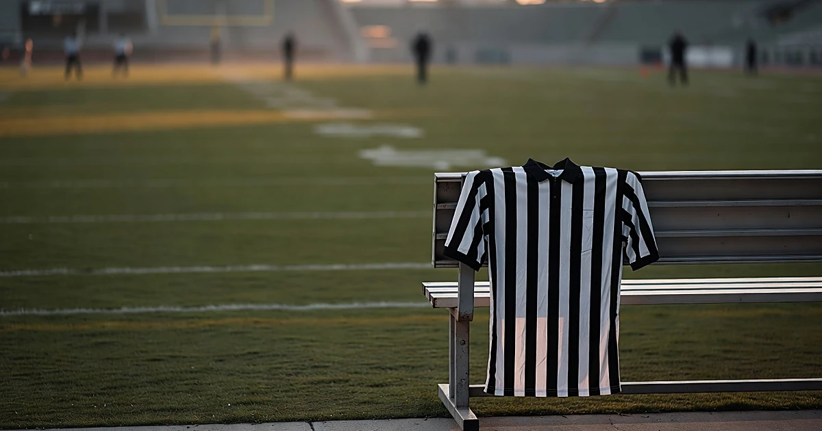 Empty referee uniform hanging on sideline equipment rack with stadium field blurred in background