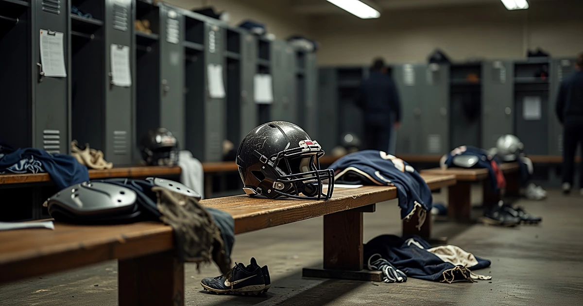 Football helmet and protective gear on locker room bench under dramatic lighting