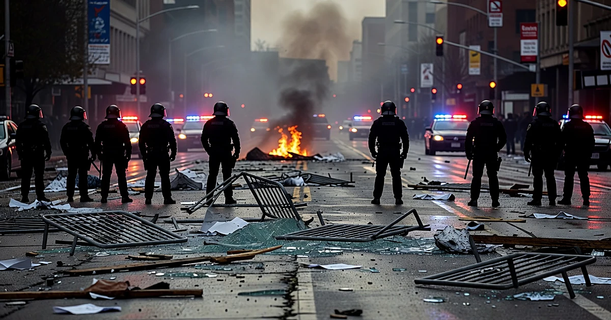 Riot police silhouettes on debris-strewn French street at dusk with emergency lights and smoke