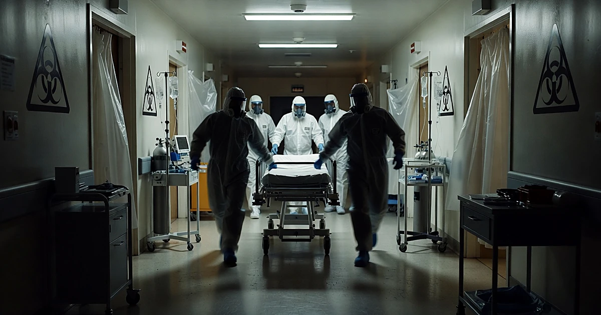 Medical staff in hazmat suits wheeling gurney through hospital isolation ward with biohazard warnings