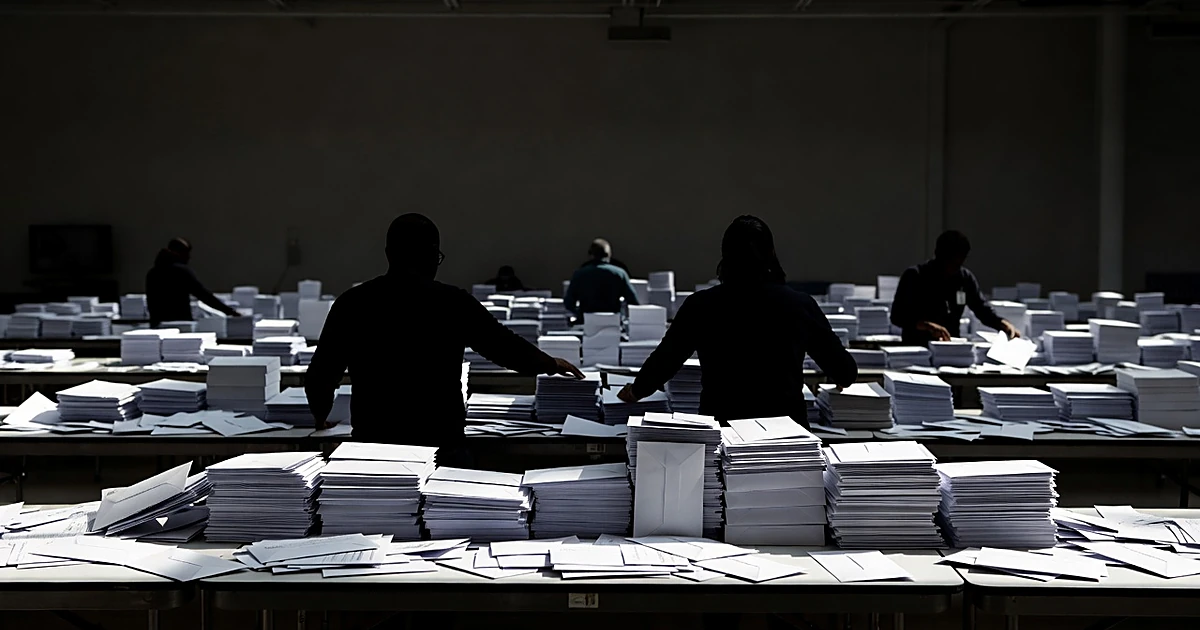 Interior of ballot processing facility with tables covered in mail-in envelopes and silhouetted workers sorting