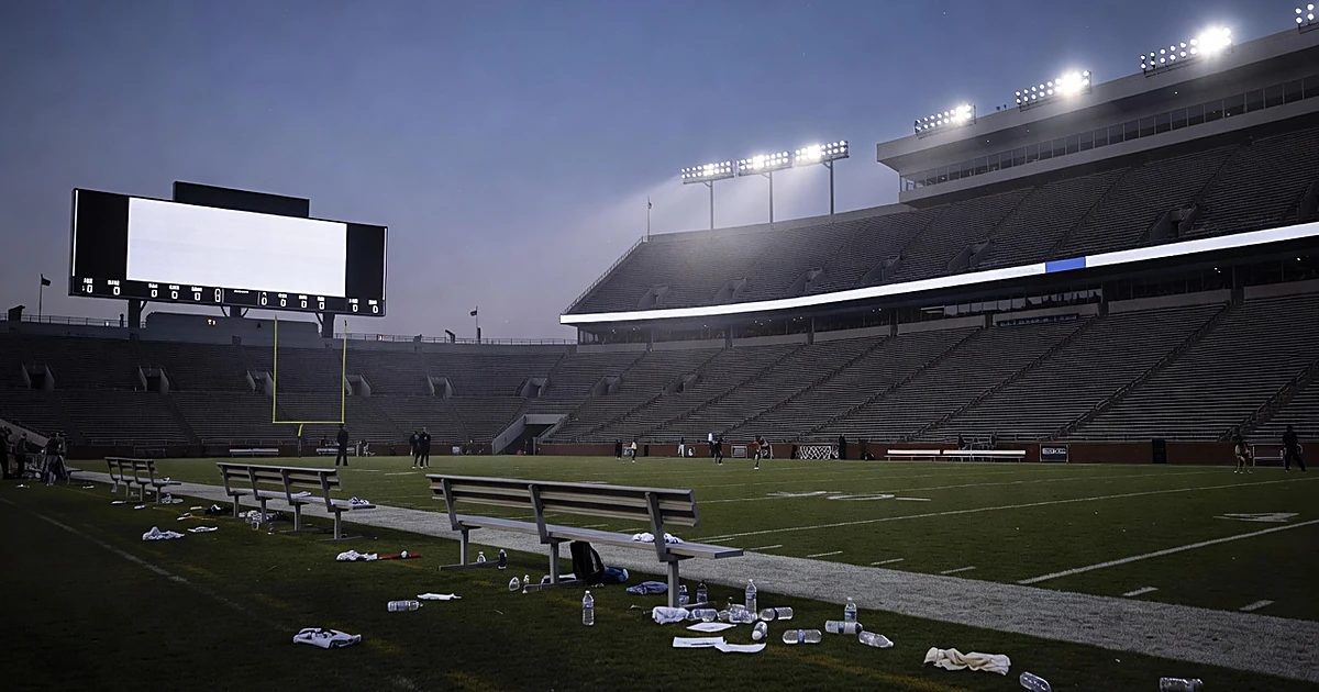 Empty college football stadium at dusk with glowing scoreboard and abandoned sideline benches