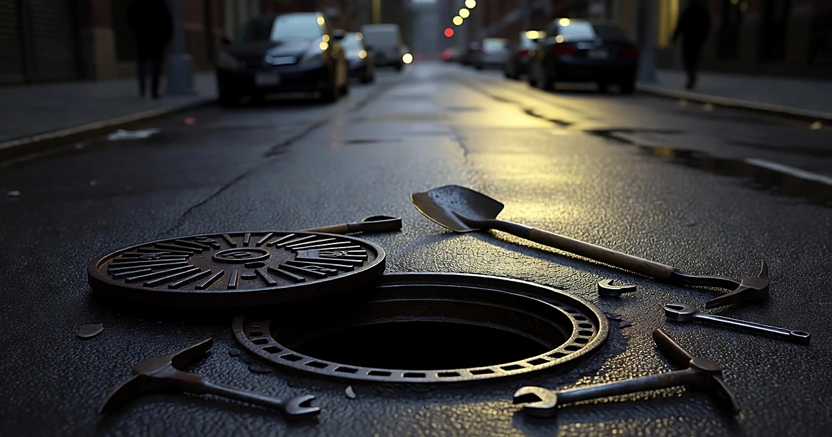 Open manhole cover on wet city street at night with abandoned tools scattered on pavement