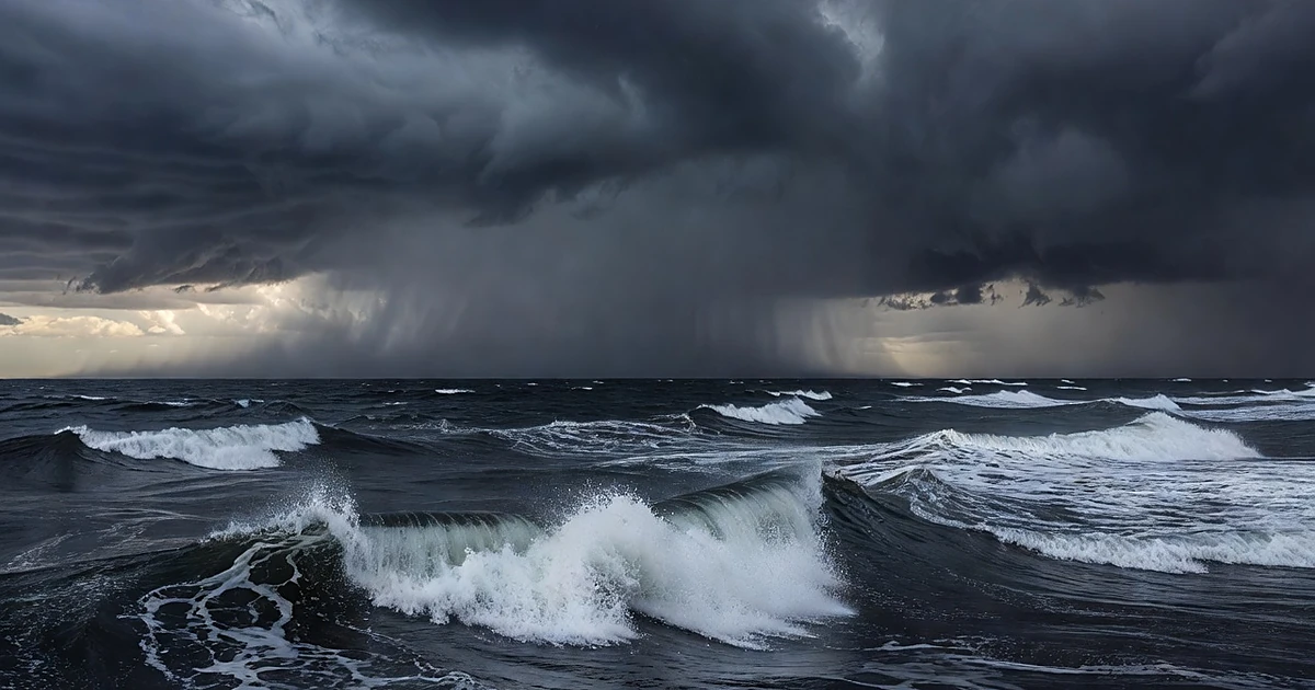 Stormy Pacific Ocean waters with dark clouds and heavy precipitation on the horizon during El Ni&ntilde;o conditions