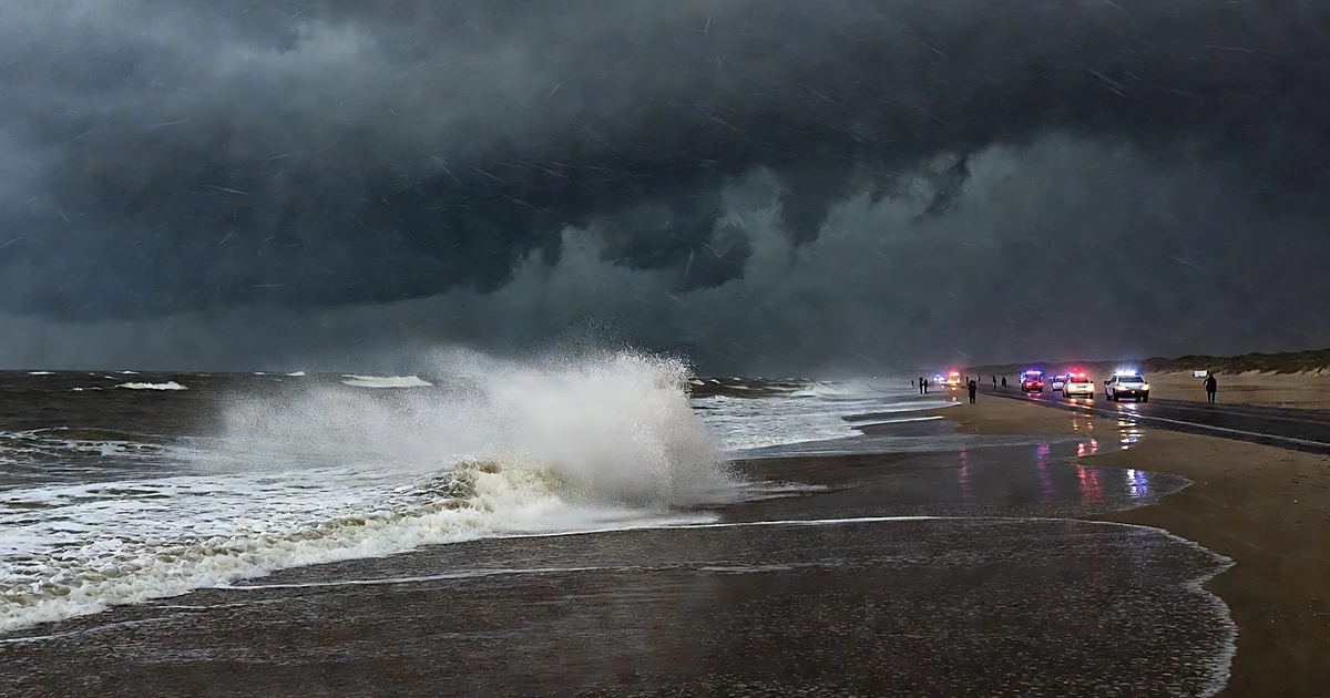 Storm waves crash against pier pilings as emergency lights flash on evacuated coastal road during nor'easter