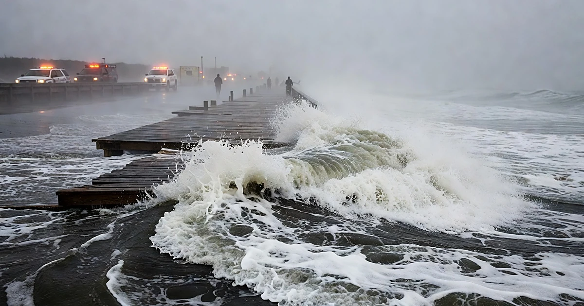 Storm waves crashing over coastal boardwalk during nor'easter with emergency vehicles in background
