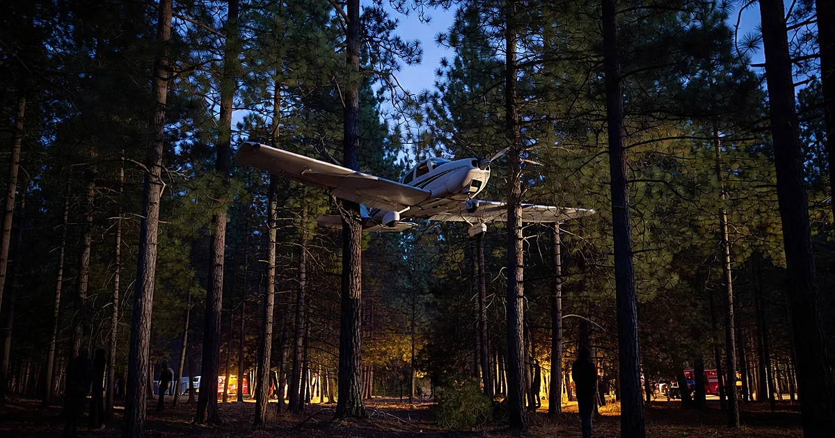 Small white aircraft lodged in forest canopy above ground with emergency lights illuminating trees at dusk