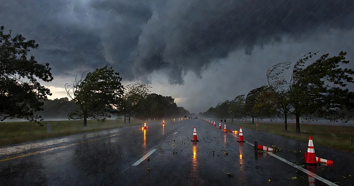 Rain-soaked highway with storm clouds overhead and wind-bent trees during severe fall weather system