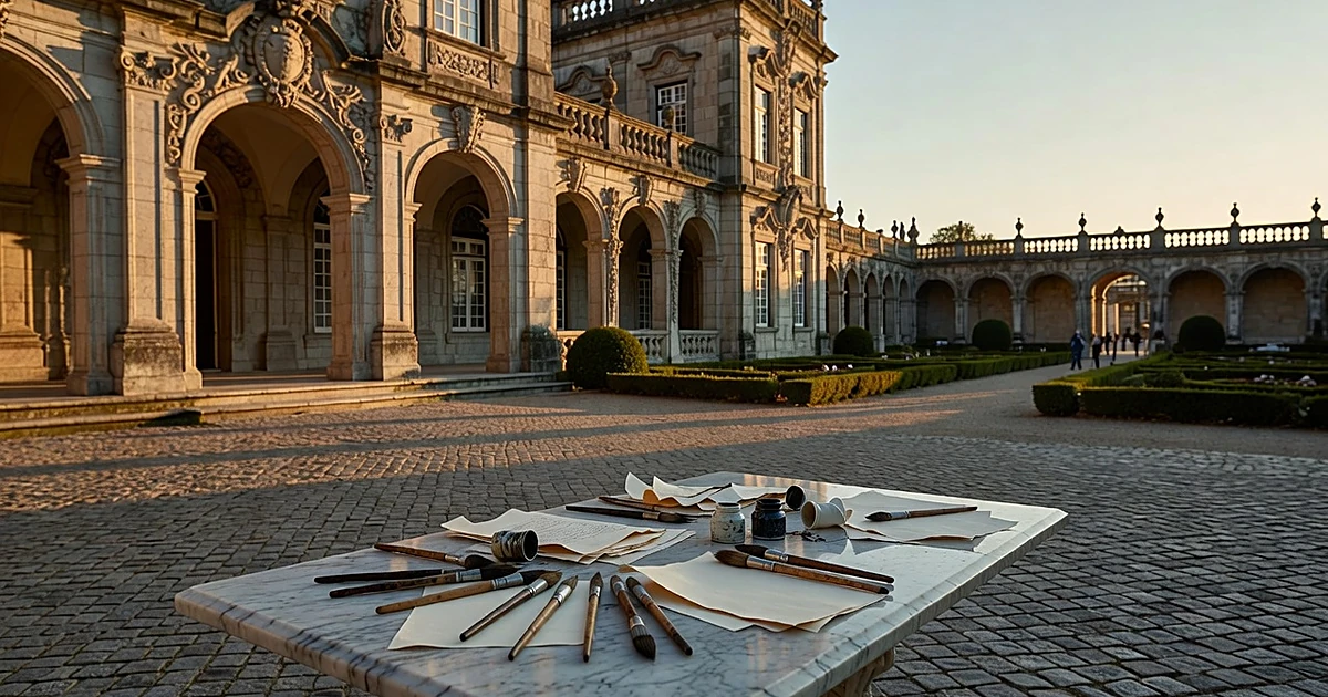 Portuguese castle courtyard with calligraphy supplies on marble table at sunset