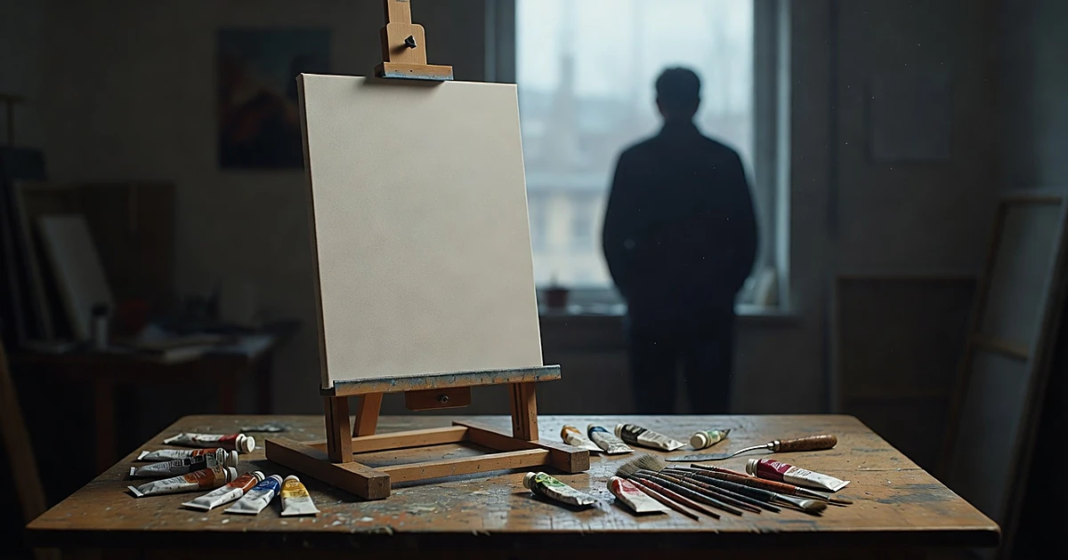 Artist studio with blank canvas on easel, paint supplies on table, silhouetted figure in background near window