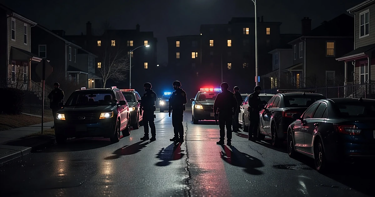 Federal enforcement vehicles with flashing lights on wet urban street at night with silhouetted agents