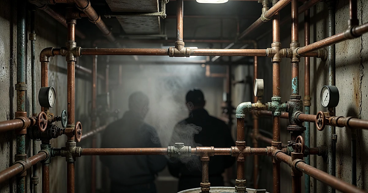 Corroded copper pipes and steam in apartment building mechanical room with maintenance workers in background