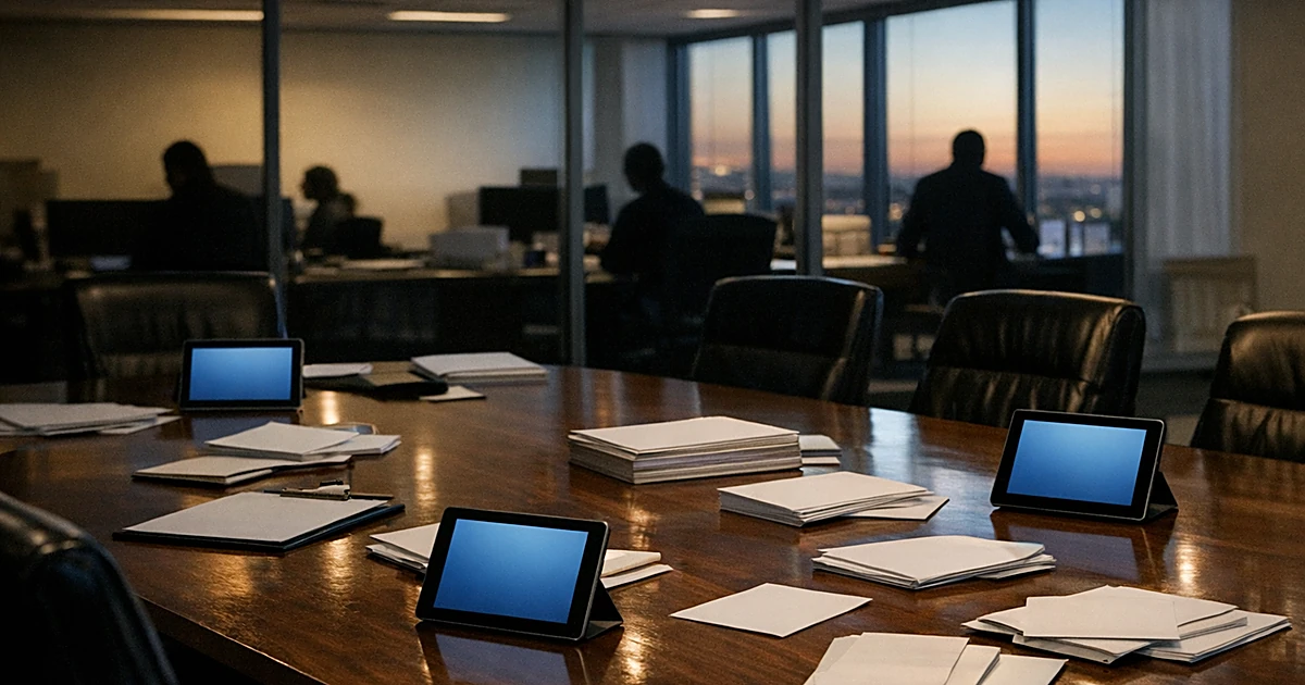Conference room with scattered campaign materials and silhouetted staffers working in background at dusk