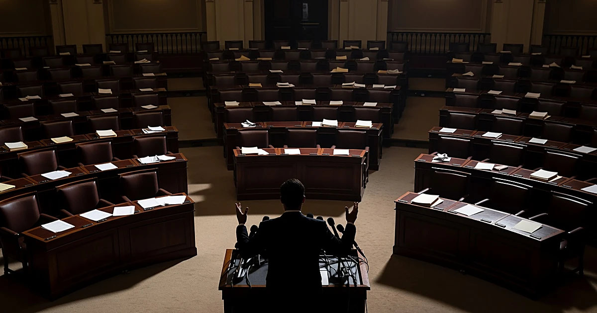 Silhouetted figure speaking at podium in legislative chamber with scattered papers on desks