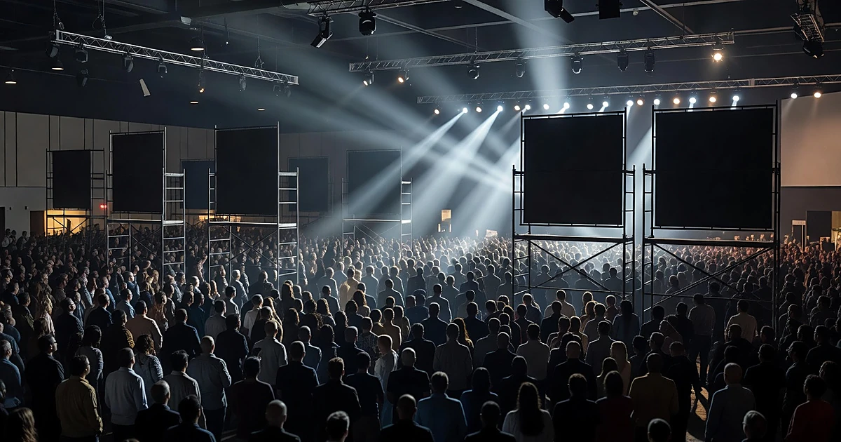 Silhouetted crowd facing illuminated stage with podiums at Detroit political rally venue