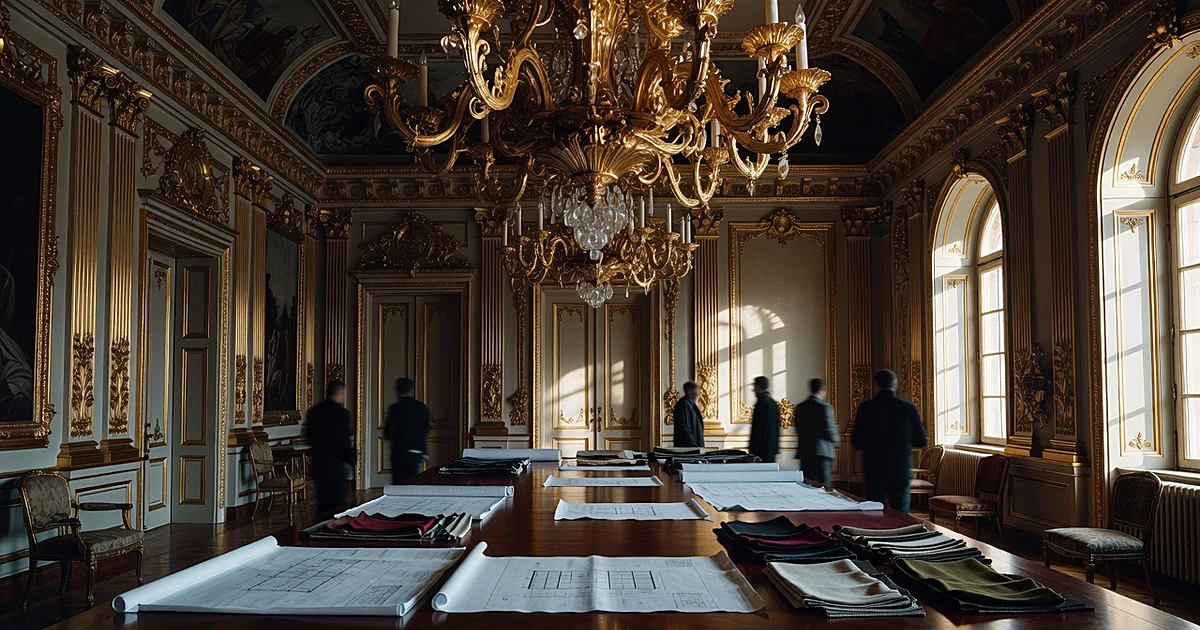 Ornate gold chandelier above table with renovation plans in formal government dining room