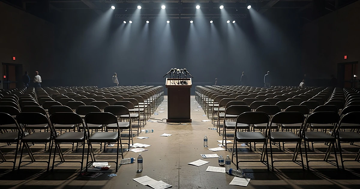 Empty campaign rally venue with abandoned chairs and podium under dramatic stage lighting