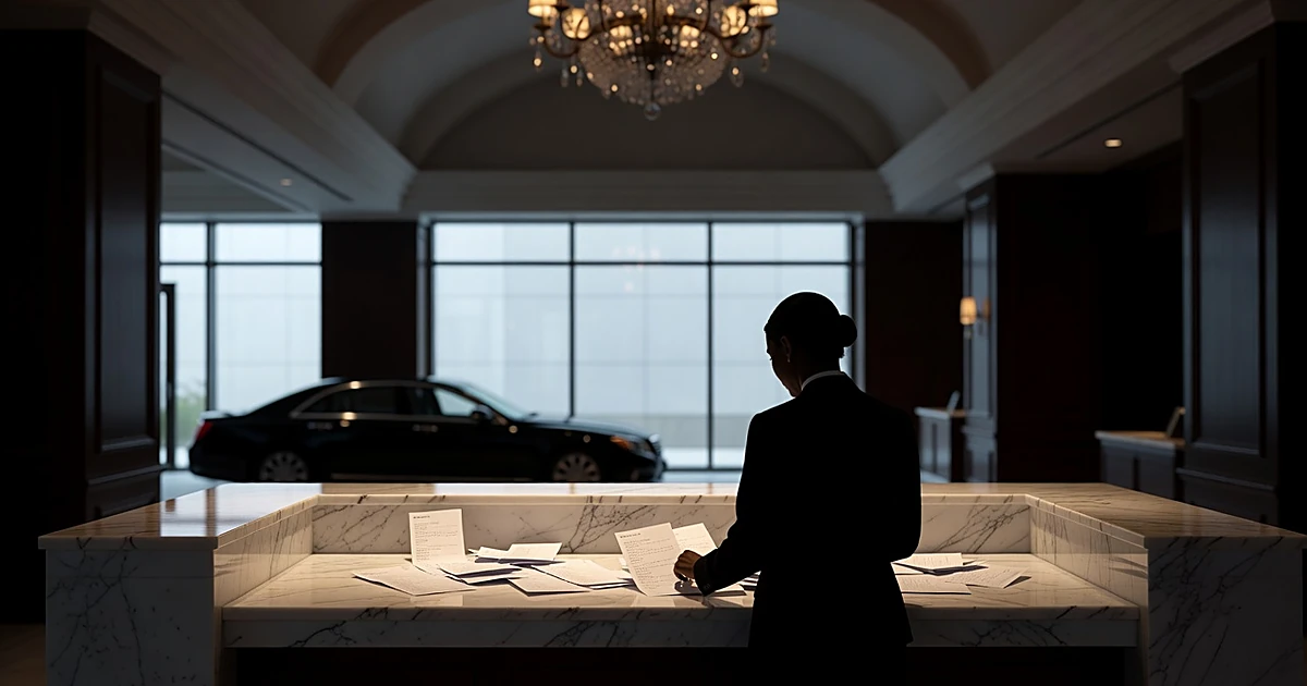 Luxury hotel lobby with marble desk, scattered papers, and silhouetted concierge figure from behind