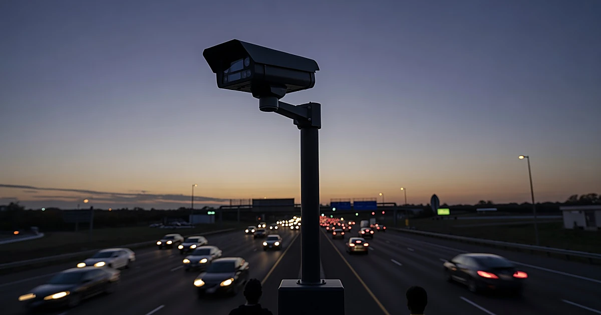 Automated license plate reader camera mounted on pole above highway at dusk with vehicle lights below