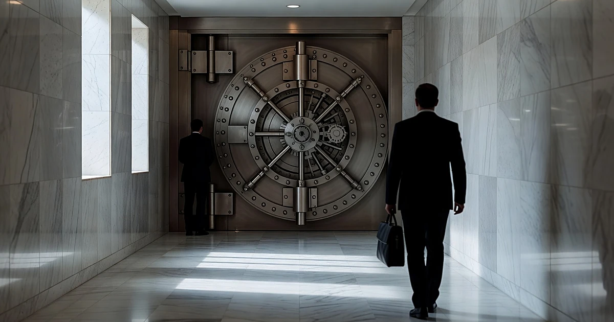 Silhouetted figure walking away from partially closed bank vault door in marble corridor
