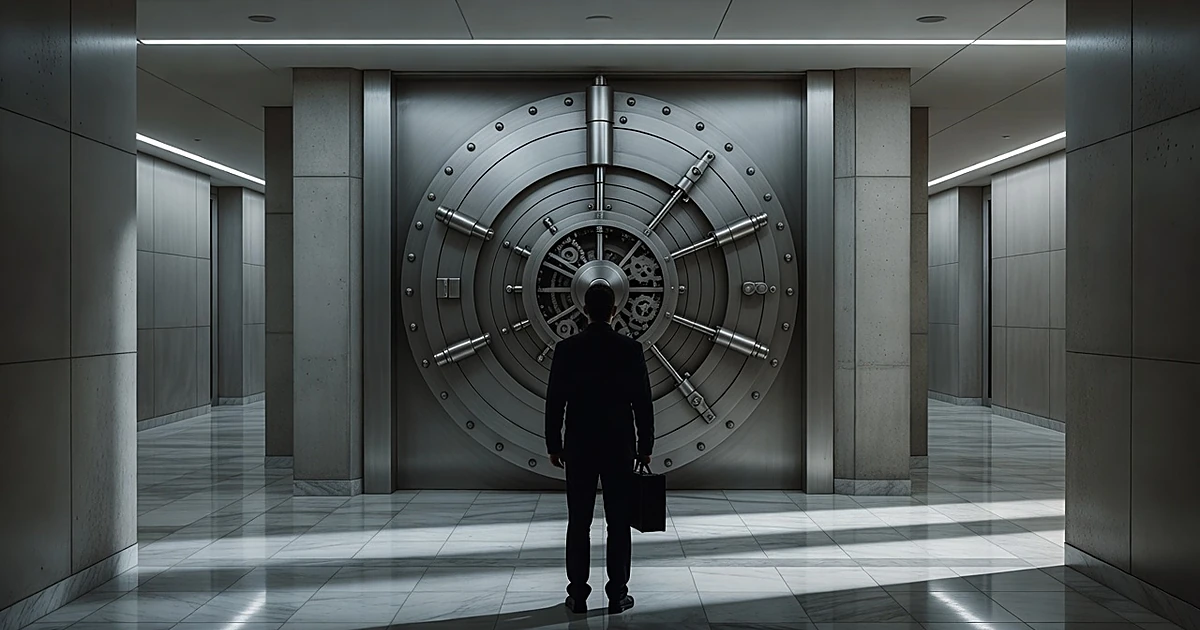 Silhouetted figure facing closed bank vault door in modern financial institution corridor