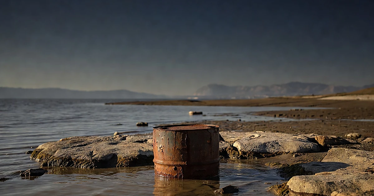 Rusted barrel in shallow water at receded lakeshore with exposed mudflats and distant mountains