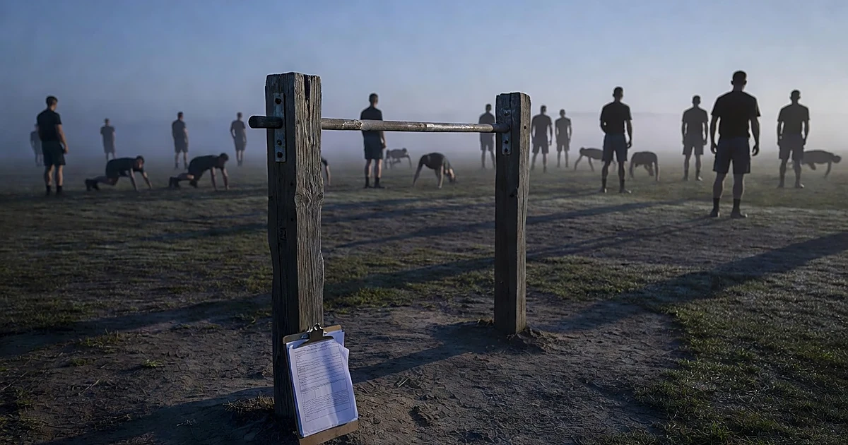 Empty pull-up bar on military training ground at dawn with distant silhouetted figures exercising in formation