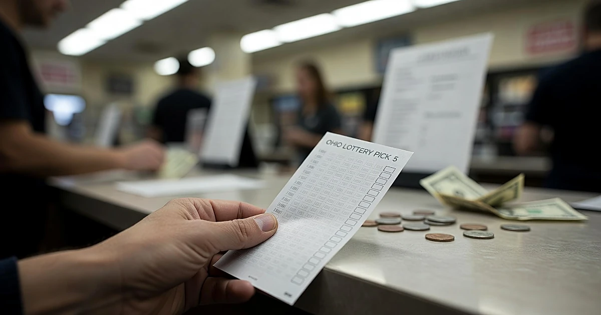 Hand holding lottery ticket at convenience store counter with scattered coins and bills in background