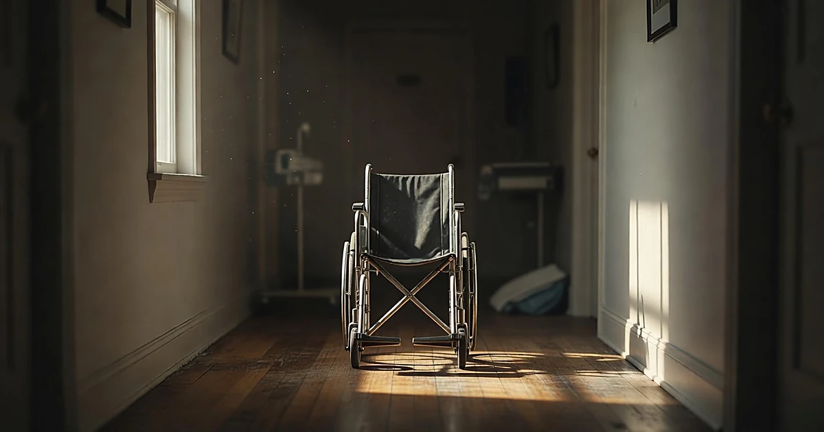 Empty child's wheelchair in dimly lit residential hallway with afternoon light and shadows