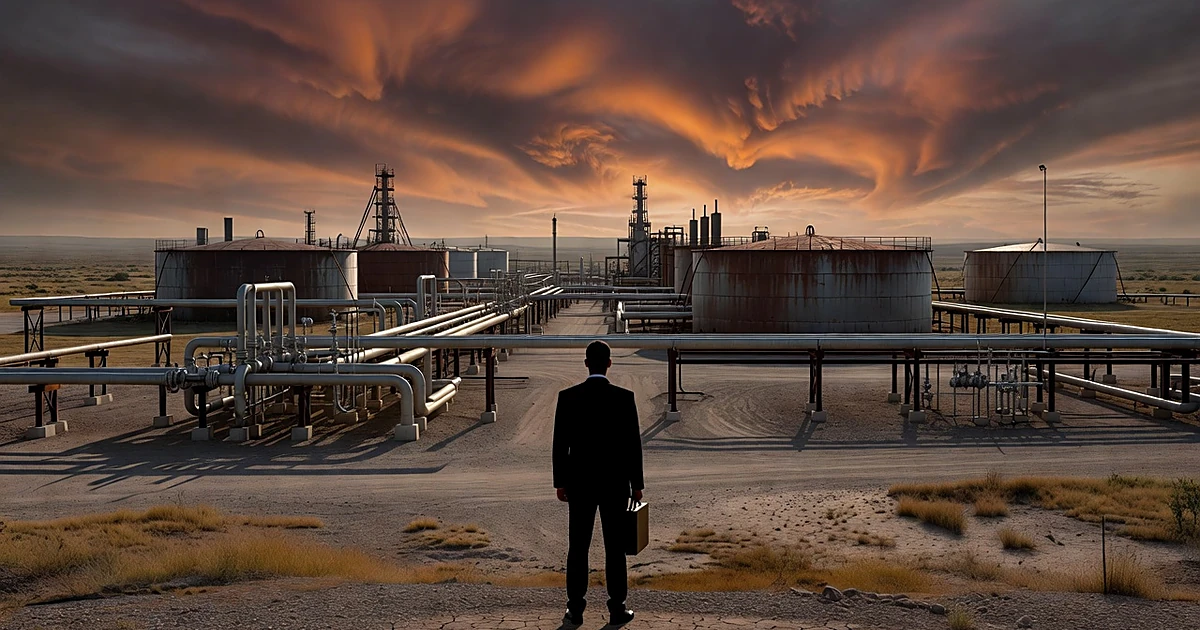 Silhouetted figure facing large natural gas processing facility at dusk in Texas