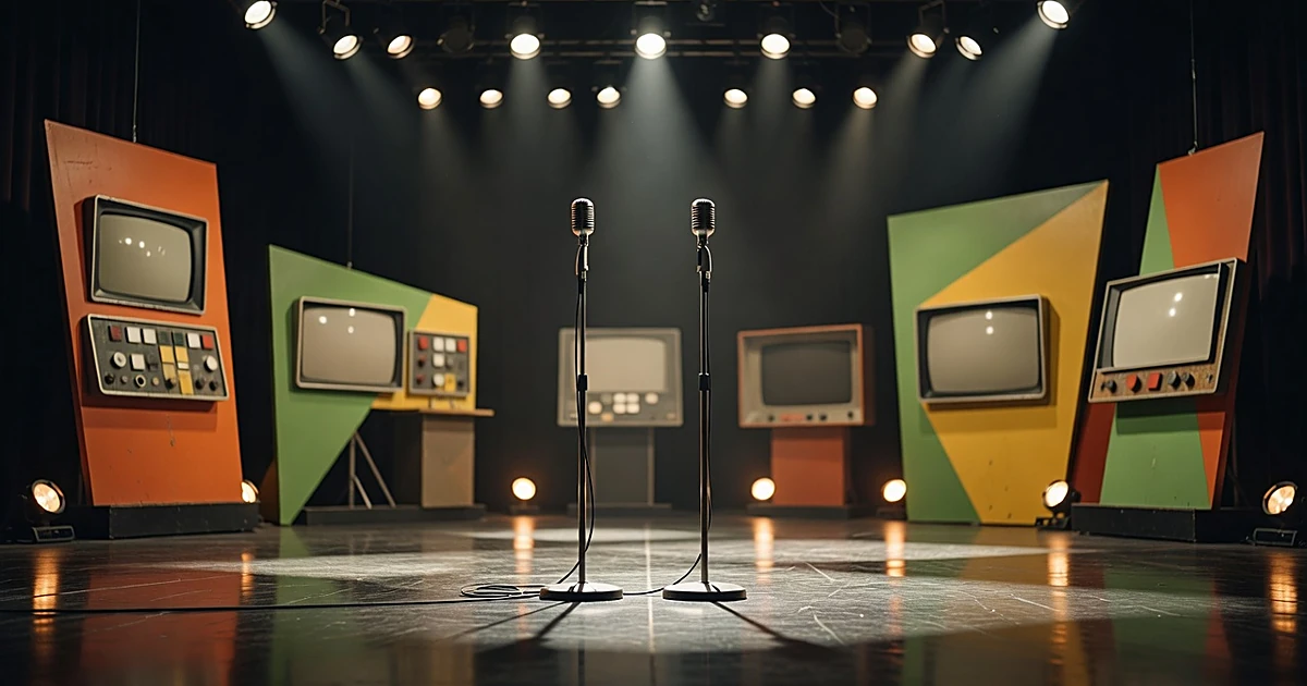 Empty game show stage with microphone stands under bright studio spotlights and retro set pieces