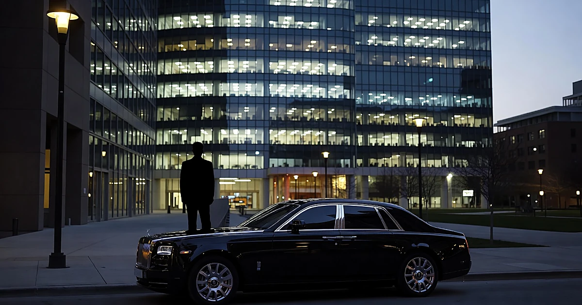 Silhouetted figure near luxury sedan outside illuminated corporate office building at dusk