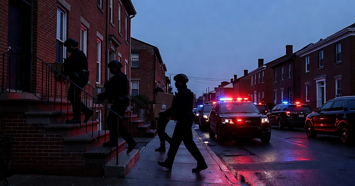 Federal agents carrying evidence boxes from residential home during pre-dawn raid with emergency vehicle lights