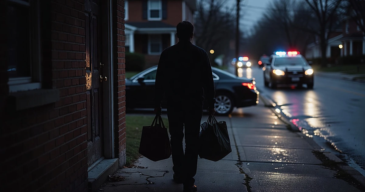 Silhouetted figure carrying bags approaches residential entrance at dusk with police vehicle in background