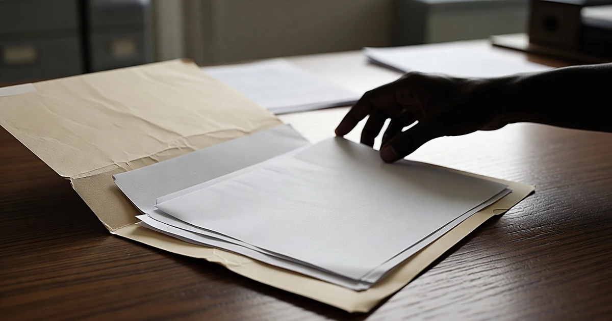 Immigration documents on desk with silhouetted hand reviewing papers in federal office setting