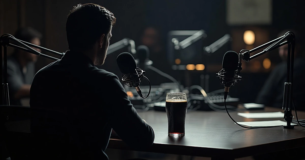 Silhouette at podcast table with untouched pint glass and microphones in studio setting