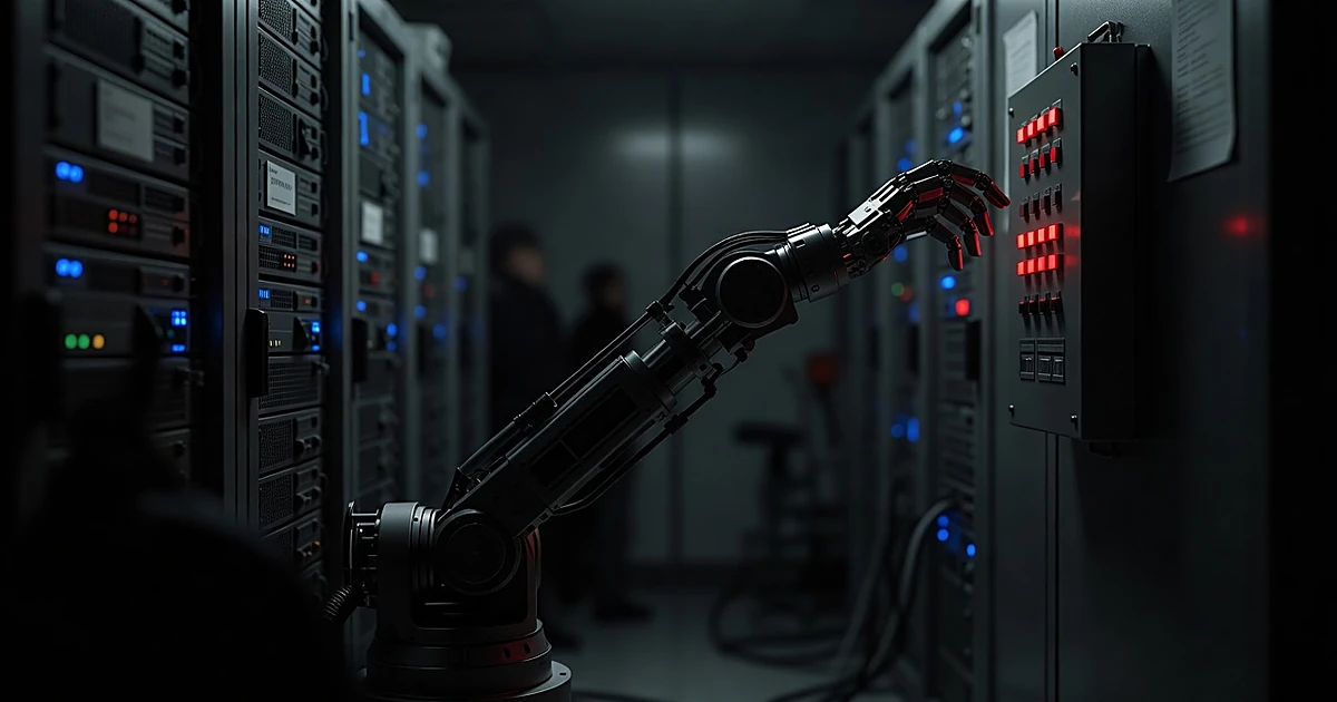 Robotic arm reaching toward illuminated safety monitoring panel in dark server room with equipment racks