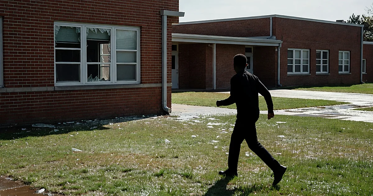 Silhouetted figure moving across grass toward school building with broken window in daylight
