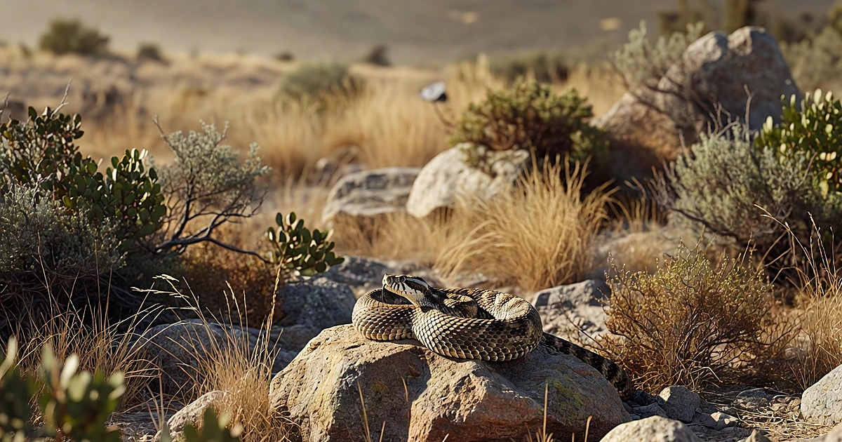 Pacific rattlesnake coiled on granite rock in natural California habitat with blurred chaparral background