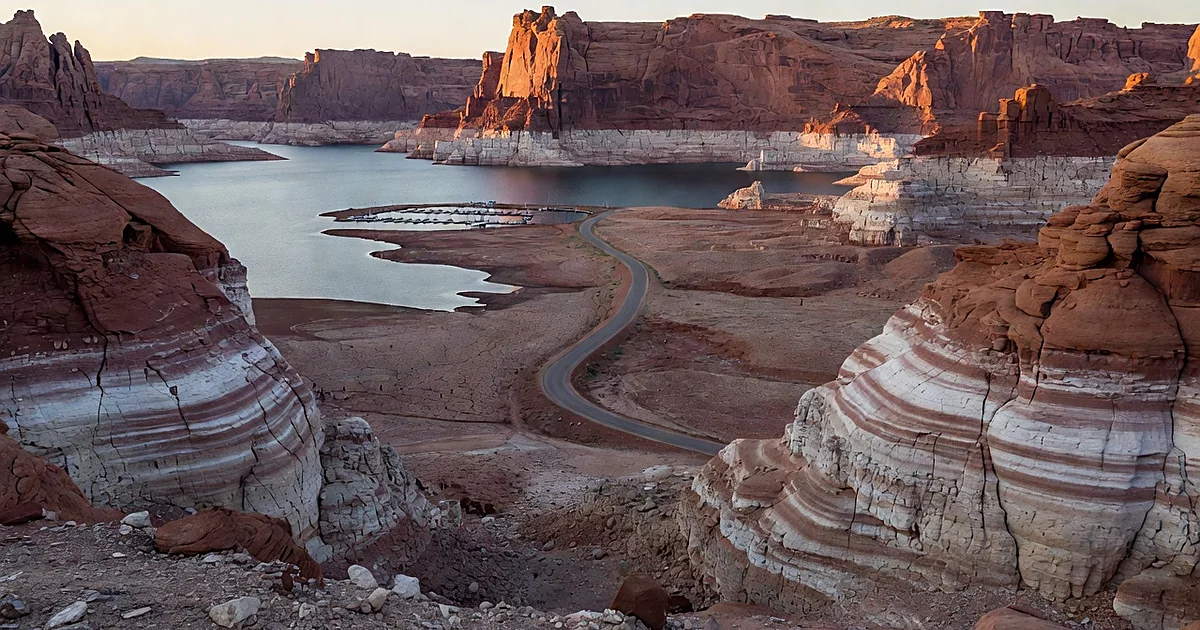 Wide view of low reservoir with exposed white mineral rings on red canyon walls and distant empty marina below waterline