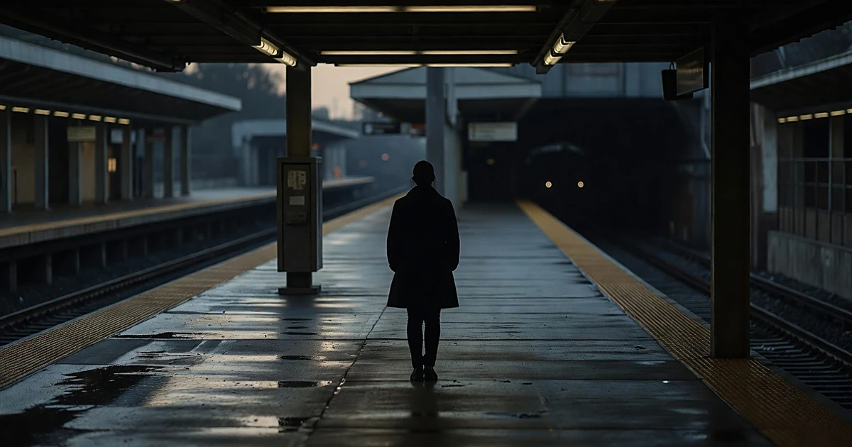 Empty Chicago transit platform at dusk with solitary figure silhouette facing dark tunnel entrance