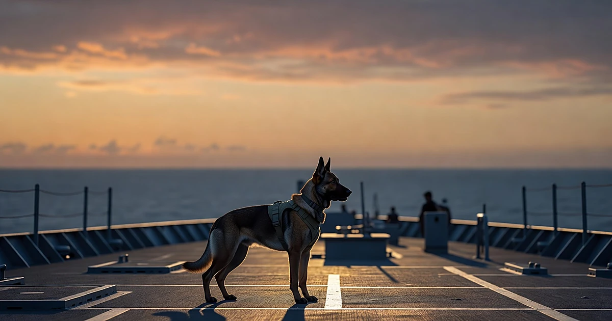 Military working dog in tactical vest on naval vessel deck at dusk with ocean horizon background