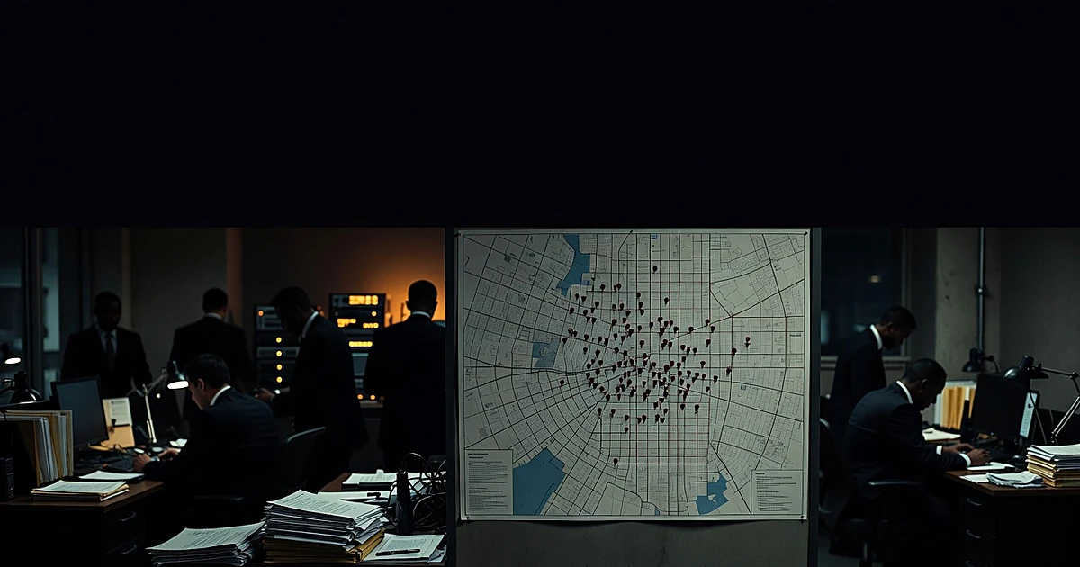 FBI field office operations room with silhouetted agents working at desks under tactical maps with location markers